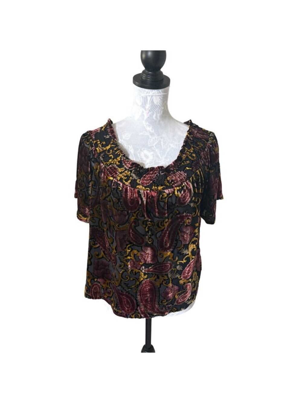 Anthropologie Belle Vere Boho Velvet Paisley Puff Sleeve Blouse Large